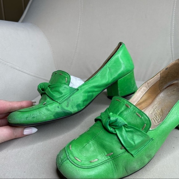 Vintage 70's Marcia Hill Bright Green Leather Shoes Mules Block Heel Sz 7 Spain - Picture 2 of 5